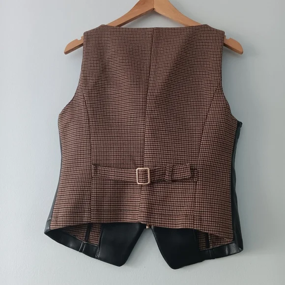 7 For All Mankind Faux Leather Moto Biker Houndstooth Zip Front Vest Black M - Picture 3 of 10